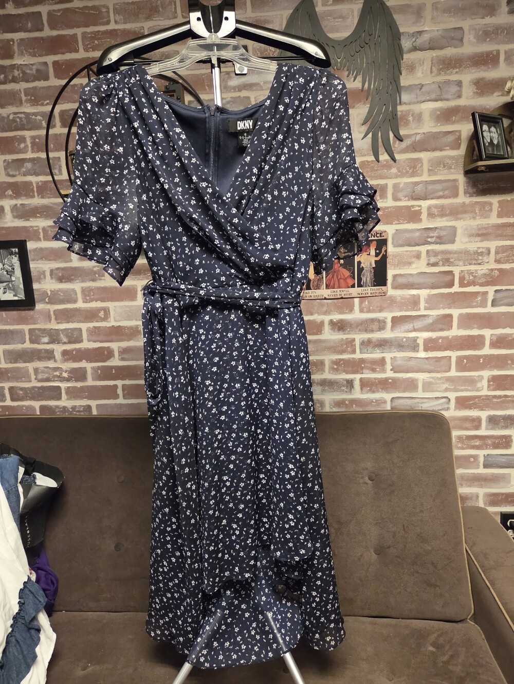 DKNY Navy Floral Wrap-Style Midi Dress